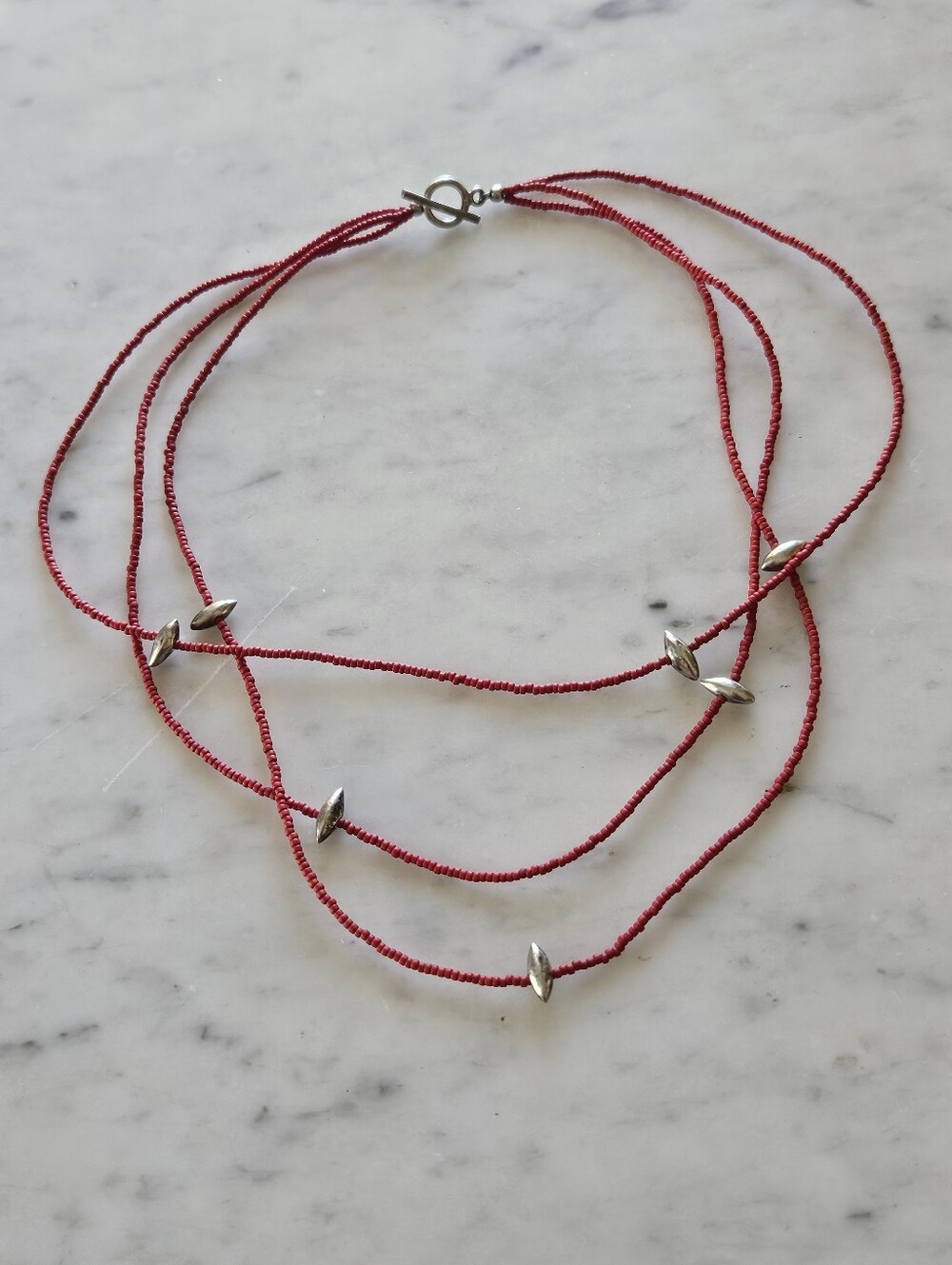 Cabo San Lucas Red Coral and Silver 3 Strand Beaded Necklace/Bracelet or Anklet